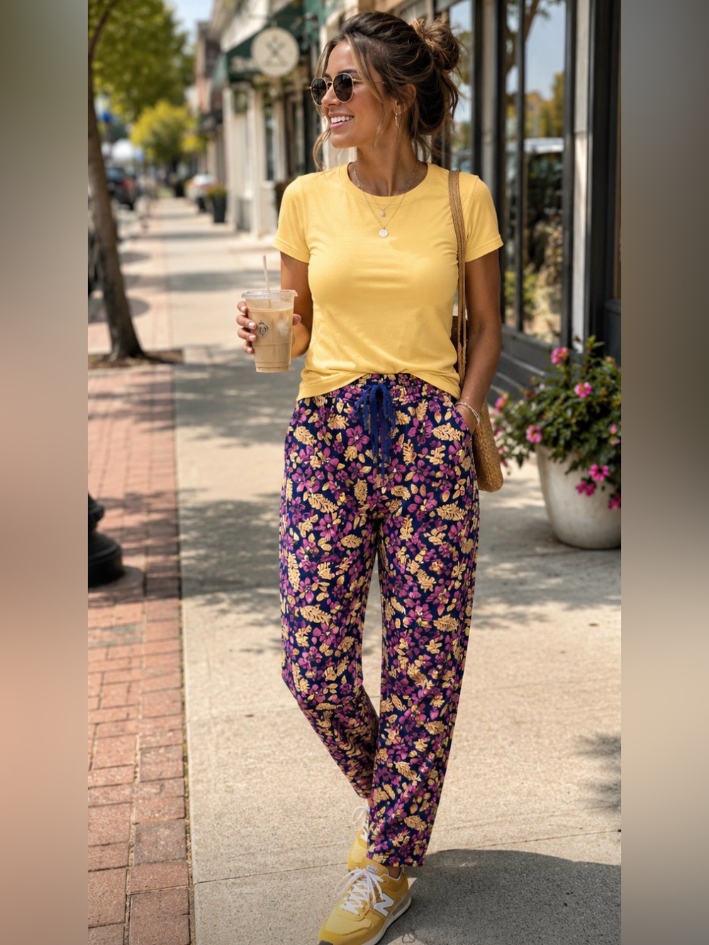 Dear John Floral Drawstring Joggers in Purple & Yellow